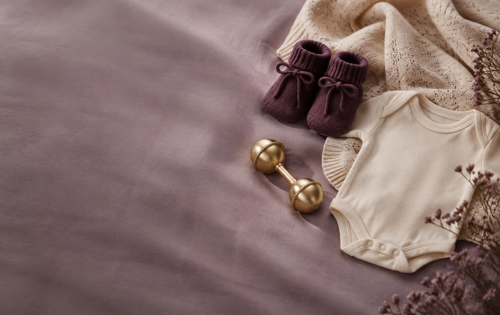 Ivory baby essentials with plum knit booties and a gold keepsake rattle